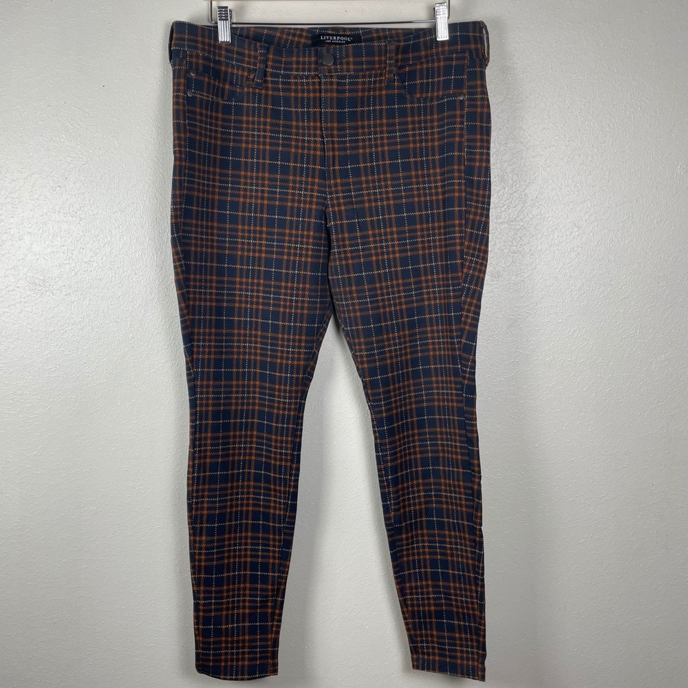 Liverpool Los Angeles Plaid Skinny Pants Womens 14‎ Cinnamon Navy Blue
